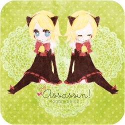 Rule 34 | 1girl, animal ears, blonde hair, blue eyes, dual persona, kagamine rin, lowres, natu (artist), song name, thighhighs, vocaloid