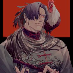 Rule 34 | 1boy, bird, chicken, chinese clothes, closed mouth, commentary request, highres, holding, long hair, male focus, mature male, muscular, muscular male, original, red eyes, rooster, scar, scar on face, scarf, solo, ueno kishi