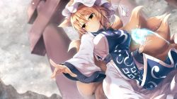 Rule 34 | 1girl, animal ears, animal hat, blonde hair, breasts, cloud, cloudy sky, dress, dutch angle, fox ears, fox tail, hair between eyes, hat, highres, kitsune, large breasts, long sleeves, midori (misuriru8), mob cap, mountain, multiple tails, open mouth, outdoors, sky, snowing, solo, standing, tabard, tail, torii, touhou, white dress, white hat, wide sleeves, yakumo ran, yellow eyes, yellow tail