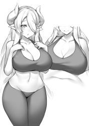 Rule 34 | 1boy, 1girl, bare shoulders, blush, braid, breast suppress, breasts, censored, clothed sex, cowboy shot, draph, granblue fantasy, greyscale, hair ornament, hair over one eye, head out of frame, hetero, horns, kuavera, large breasts, licking lips, long hair, looking at viewer, low tied hair, monochrome, multiple views, narmaya (granblue fantasy), navel, paizuri, paizuri under clothes, penis, pointy ears, pov, pov crotch, simple background, single braid, skin tight, smile, solo focus, spandex, sports bra, sweat, tongue, tongue out, very long hair, white background