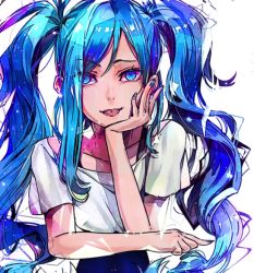 Rule 34 | 1girl, artist request, blue eyes, blue hair, blush, character request, copyright request, hair between eyes, long hair, nail polish, non-web source, shirt, source request, t-shirt, twintails, upper body, white background