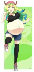 Rule 34 | 1girl, absurdres, big belly, blonde hair, blue shorts, breasts, cg3p, chrisguy3, hat, highres, horns, kneehighs, kobayashi-san chi no maidragon, large breasts, long hair, lucoa (maidragon), multicolored hair, navel, pink footwear, pregnant, shoelaces, shoes, shorts, smile, sneakers, socks