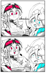 Rule 34 | 1boy, 1girl, :o, absurdres, bandaged hand, bandages, black choker, black jacket, blue eyes, blue heart, blue trim, border, breasts, chocolate, choker, cleavage, collarbone, cropped jacket, deception, drooling, english text, euros (niwarhythm), food, goggles, goggles on head, greyscale, halo, heart, heart in mouth, highres, jacket, light blue jacket, light blush, light smile, long bangs, long sleeves, looking at viewer, lower teeth only, medium breasts, monochrome, multiple views, niwamaru (niwarhythm), niwarhythm, open mouth, original, pink eyes, pink trim, puffy cheeks, sharing food, shiny skin, short hair, spiked hair, spot color, strapless, surprised, teeth, throwing, tube top, white background, white border, white hair, wide-eyed