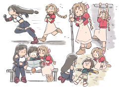 Rule 34 | 3girls, aerith gainsborough, armor, asymmetrical legwear, bangle, bare shoulders, bench, between legs, black bra, black gloves, black skirt, black thighhighs, boots, bra, bracelet, braid, braided ponytail, breasts, brown footwear, chibi, climbing, crop top, cropped jacket, dirty, dirty clothes, dirty face, dress, elbow gloves, final fantasy, final fantasy vii, final fantasy vii rebirth, final fantasy vii remake, gloves, green shirt, grey shorts, hair ribbon, hand between legs, hand on another&#039;s head, headband, holding, holding map, holding staff, jacket, jewelry, kneeling, long dress, long hair, low-tied long hair, lying, map, medium breasts, messy hair, midriff, miniskirt, multiple girls, on back, on ground, open mouth, own hands together, parted bangs, pink dress, pink ribbon, puffy short sleeves, puffy sleeves, reading, red jacket, ribbon, running, shirt, shoes, short hair, short sleeves, shorts, shoulder armor, sick, sidelocks, single bare shoulder, single braid, single shoulder pad, sitting, skirt, sleeveless, sleeveless shirt, sleeveless turtleneck, sneakers, socks, sports bra, staff, suspenders, sweat, thighhighs, tifa lockhart, tsubobot, turtleneck, underwear, white shirt, white socks, yellow ribbon, yuffie kisaragi
