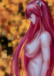 Rule 34 | 1girl, 2016, abstract background, absurdres, bad id, bad pixiv id, breasts, colored skin, dated, elfen lied, from side, gradient background, highres, horns, ikuchan kaoru, large breasts, lips, long hair, lucy (elfen lied), monster girl, multicolored skin, nipples, nude, pink eyes, pink hair, profile, red eyes, red hair, serious, signature, solo, very long hair