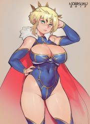 Rule 34 | 1girl, ahoge, artist name, artoria pendragon (fate), artoria pendragon (lancer) (fate), bare shoulders, blonde hair, blue sleeves, blue thighhighs, braid, breasts, cape, cleavage, contrapposto, covered navel, cowboy shot, crown, dated, detached sleeves, fate/grand order, fate (series), french braid, fur-trimmed cape, fur trim, green eyes, grey background, hair between eyes, hand on own hip, heattech leotard, highleg, highleg leotard, highres, large breasts, leotard, looking at viewer, medium hair, norasuko, red cape, sidelocks, signature, simple background, solo, thighhighs, thighs, turtleneck, underbust