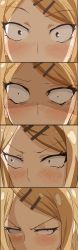Rule 34 | 10s, 1girl, absurdres, angry, bad id, bad twitter id, blush, close-up, comic, constricted pupils, dagashi kashi, ear piercing, embarrassed, endou saya, eye focus, frown, hair ornament, hairclip, highres, kataru (ubw-emiya), light brown hair, looking at viewer, looking away, piercing, solo, surprised
