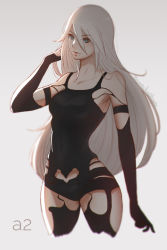 Rule 34 | 1girl, android, arm at side, arm up, armlet, armpits, artist name, bare shoulders, black dress, black gloves, black thighhighs, blonde hair, character name, clothing cutout, collarbone, cropped legs, dress, elbow gloves, gloves, green eyes, grey background, hair between eyes, hand in own hair, heart, heart cutout, koyorin, long hair, mole, mole under mouth, nier (series), nier:automata, pink lips, short hair, simple background, skin tight, sleeveless, sleeveless dress, solo, standing, thighhighs, very long hair, watermark, web address, a2 (nier:automata)