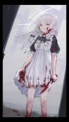 Rule 34 | 1girl, ascot, azarasi haru, black ascot, black dress, blood, blood on clothes, blood on leg, bloody clothes, bloody dress, bloody knife, braid, choker, commentary, cross, cross print, dress, halo, highres, holding, holding knife, knife, long hair, looking at viewer, original, puffy short sleeves, puffy sleeves, red eyes, short sleeves, sidelocks, solo, symbol-only commentary, symbol-shaped pupils, twin braids, two-tone dress, white dress, white hair, x-shaped pupils