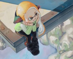 Rule 34 | 1girl, agent 4 (splatoon), bad id, bad pixiv id, black footwear, closed mouth, from above, full body, green jacket, grey eyes, hands up, headgear, inkling, inkling girl, inkling player character, jacket, leggings, long hair, long sleeves, nintendo, oimo (oimkimn), orange hair, shoes, sitting, smile, solo, splatoon (series), splatoon 2, squidbeak splatoon, suction cups, tentacle hair, water