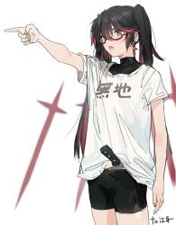 Rule 34 | 1girl, :o, black hair, black shorts, casual, glasses, highres, index finger raised, knife, long hair, lucia: plume (punishing: gray raven), lucia (punishing: gray raven), nin (lion), open mouth, pointing, punishing: gray raven, red eyes, shirt, short sleeves, shorts, simple background, sketch, solo, twintails, white background, white shirt