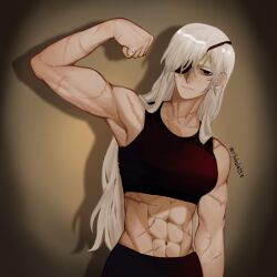 Rule 34 | 1girl, abs, absurdres, alternate muscle size, artukolatte, biceps, black pants, black tank top, breasts, chainsaw man, eyepatch, flexing, highres, long hair, looking at viewer, medium breasts, muscular, muscular female, navel, obliques, pants, quanxi (chainsaw man), scar, scar on stomach, simple background, solo, sports bra, tank top, thighs, toned, white hair