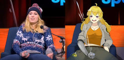 Rule 34 | 2girls, absurdres, barbara dunkelman, blonde hair, blush, breasts, collarbone, cowboy shot, dated, denim, highres, jacket, jeans, large breasts, looking at viewer, lulu-chan92, mechanical arms, microphone, multiple girls, pants, photo-referenced, photo (medium), real life, rwby, screencap, silly string, simple background, single mechanical arm, smile, sweater, tank top, voice actor connection, yang xiao long