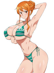 Rule 34 | 1girl, bare arms, bare shoulders, bikini, breasts, brown eyes, cleavage, curvy, highres, huge breasts, kagemusha, long hair, looking at viewer, nami (one piece), navel, one piece, orange hair, saa, simple background, smile, solo, stomach, swimsuit, thick thighs, thighs, underboob, upper body, white background, wide hips
