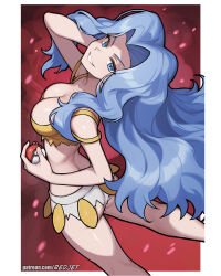 1girl artist_name ass bare_shoulders blue_eyes blue_hair breasts camisole cleavage creatures_(company) crop_top game_freak highres karen_(pokemon) large_breasts long_hair looking_at_viewer midriff nintendo parted_bangs parted_hair poke_ball pokemon pokemon_hgss redjet short_shorts shorts smile spaghetti_strap wavy_hair yellow_camisole