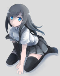 Rule 34 | 10s, 1girl, arm warmers, asashio (kancolle), bad id, bad pixiv id, black hair, black thighhighs, blue eyes, blush, comah, kantai collection, long hair, looking at viewer, personification, school uniform, sitting, skirt, solo, suspenders, thighhighs, wariza