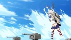 Rule 34 | 10s, 1girl, :d, anchor hair ornament, animated, animated gif, bare shoulders, blonde hair, blue skirt, bow, brown eyes, elbow gloves, gloves, hair bow, hair ornament, hairband, kantai collection, long hair, lowres, microskirt, missile, open mouth, pleated skirt, rensouhou-chan, sailor collar, shimakaze (kancolle), skirt, smile, striped clothes, striped thighhighs, thighhighs, whale tail (clothing), white gloves
