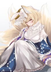 Rule 34 | 1girl, animal ears, blonde hair, blush, breasts, closed mouth, dress, fox ears, fox tail, frilled sleeves, frills, hat, highres, large breasts, long sleeves, mob cap, multiple tails, sarasadou dan, short hair, simple background, solo, tabard, tail, touhou, white background, white dress, white hat, wide sleeves, yakumo ran, yellow eyes