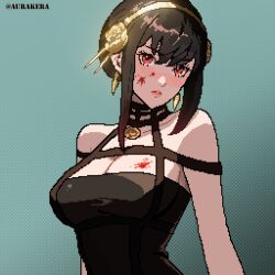 Rule 34 | 1girl, artist name, aurakera, bare shoulders, black dress, black hair, blood, blood on breasts, blood on face, blush, breasts, cleavage, dress, earrings, flower, gold earrings, gold hairband, green background, hair flower, hair ornament, hairband, highres, jewelry, large breasts, lips, looking at viewer, pendant choker, pixel art, red eyes, rose, sidelocks, solo, spy x family, upper body, v-shaped eyebrows, yor briar