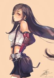 Rule 34 | 1girl, black skirt, black sports bra, breasts, brown hair, cowboy shot, crop top, earrings, elbow pads, fadingz, final fantasy, final fantasy vii, fingerless gloves, from side, gloves, highres, jewelry, long hair, medium breasts, midriff, parted lips, pixiv id, red eyes, signature, skirt, solo, sparkle, sports bra, suspender skirt, suspenders, swept bangs, tank top, tifa lockhart, white gloves, white tank top