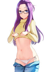 Rule 34 | 1girl, absurdres, black-framed eyewear, blue eyes, blue pants, closed mouth, clothes lift, clothes pull, cowboy shot, groin, highres, kagamihara sakura, lifting own clothes, long hair, long sleeves, looking at viewer, midriff, navel, open pants, panties, pants, pants pull, purple hair, rectangular eyewear, ribbed sweater, ribbon, rororo, side-tie panties, simple background, solo, standing, stomach, sweater, sweater lift, underwear, very long hair, white background, white panties, white ribbon, yellow sweater, yurucamp
