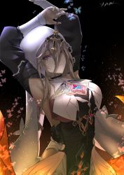 Rule 34 | 1girl, absurdres, aponia (honkai impact), armpits, arms up, artist name, black dress, black sleeves, blue eyes, breasts, brown hair, closed mouth, dress, hair between eyes, highres, honkai (series), honkai impact 3rd, large breasts, long hair, looking at viewer, nun, rosary, solo, veil, yan (unicorn404)
