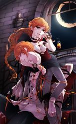 Rule 34 | 1boy, 1girl, artist request, chalice, cup, highres, moon, night, red hair, source request, vampire