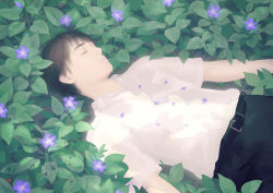 Rule 34 | 1boy, black hair, chewed leaves, crying, dappled sunlight, closed eyes, leaf, lying, male focus, on back, on ground, original, pants, petals, plant, re:i, shirt, signature, solo, sunlight, tears, violet (flower), white shirt