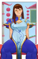 Rule 34 | 1girl, brown eyes, brown hair, capcom, chinese clothes, chun-li, earrings, jewelry, long hair, looking at viewer, muscular, muscular female, muscular legs, sitting, smile, street fighter, street fighter 6, the evanjer, thick thighs, thighs