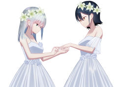 Rule 34 | 2girls, absurdres, bare arms, bare shoulders, black hair, blue eyes, bride, brown eyes, chinese commentary, closed mouth, commentary request, dress, female focus, flower, hair behind ear, hair flower, hair ornament, highres, jewelry, light smile, lily (flower), long hair, multiple girls, original, putting on jewelry, ring, short hair, simple background, sleeveless, sleeveless dress, strapless, strapless dress, syouko jiaozijun, upper body, wedding, wedding band, wedding dress, white background, white dress, white flower, white hair, wife and wife, yuri