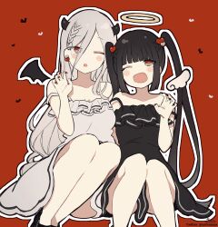 Rule 34 | 2girls, absurdres, angel, angel wings, bare shoulders, black dress, black hair, black wings, braid, collarbone, commentary, demon girl, demon horns, demon wings, detached wings, dress, eyes visible through hair, fang, feet out of frame, frilled dress, frills, grey dress, grey hair, hair over one eye, halo, highres, horns, knees up, long hair, mini wings, multiple girls, one eye closed, open mouth, original, outline, parted lips, red background, red eyes, sitting, sleeveless, sleeveless dress, sofra, strap slip, symbol-only commentary, twintails, twitter username, very long hair, white outline, white wings, wings