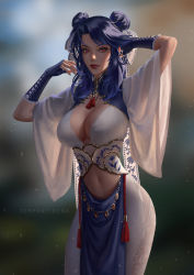 Rule 34 | 1girl, blue hair, blurry, blurry background, breasts, cleavage, commentary, cowboy shot, cross-laced clothes, cross-laced gloves, double bun, english commentary, fingerless gloves, frilled gloves, frills, gloves, hair bun, hand in own hair, highres, large breasts, light particles, long hair, looking at viewer, mole, mole under eye, navel, original, red eyes, red lips, serpentigena, solo, tassel