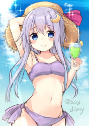 Rule 34 | 1girl, arm behind head, armpits, bikini, blue eyes, blue sky, blush, breasts, closed mouth, cloud, cloudy sky, commentary request, crescent, crescent hair ornament, cup, day, drinking glass, drinking straw, glass, hair between eyes, hair ornament, hat, kantai collection, light purple hair, long hair, looking at viewer, navel, purple bikini, side-tie bikini bottom, sketch, sky, small breasts, smile, solo, sou (soutennkouchi), straw hat, sunlight, swimsuit, twitter username, yayoi (kancolle)