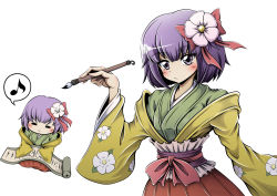 Rule 34 | 1girl, :&gt;, calligraphy brush, closed eyes, closed mouth, floral print, flower, green kimono, hair flower, hair ornament, hidefu kitayan, hieda no akyuu, highres, holding, holding paintbrush, japanese clothes, kimono, looking at viewer, multiple girls, musical note, paintbrush, purple eyes, purple hair, red skirt, short hair, simple background, skirt, spoken musical note, touhou, white background, white flower, wide sleeves, yellow sleeves