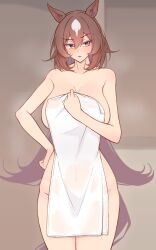 Rule 34 | 1girl, absurdres, animal ears, blush, breasts, brown hair, cleavage, commentary request, cowboy shot, ear ornament, hair between eyes, hand on own hip, highres, himuraanzu, horse ears, horse girl, horse tail, indoors, large breasts, long hair, multicolored hair, naked towel, parted lips, red eyes, sirius symboli (umamusume), solo, steaming body, streaked hair, tail, textless version, towel, umamusume, very long hair, white hair, white towel