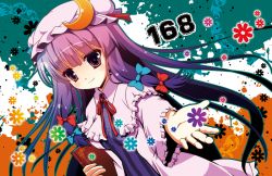 Rule 34 | 1girl, book, crescent, crescent hair ornament, flower (symbol), hair ornament, hat, iroha tooko, long hair, patchouli knowledge, purple eyes, purple hair, sash, solo, touhou