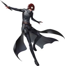Rule 34 | 1boy, black gloves, forehead, gloves, grey jacket, highres, jacket, knife, male focus, persona, persona 5, persona 5: the phantom x, red eyes, red gloves, red hair, short hair, simple background, sunglasses, two-tone gloves, white background, wonder (p5x)