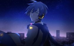 Rule 34 | 1boy, blue eyes, blue hair, city lights, cityscape, earphones, highres, kaito (vocaloid), kaito (vocaloid3), looking at viewer, male focus, night, night sky, parang 99, sky, smile, solo, star (sky), starry sky, vocaloid
