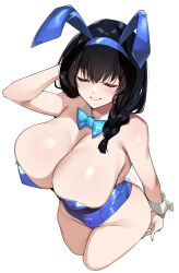 Rule 34 | 1girl, animal ears, arm behind head, arm up, bare shoulders, black hair, blue bow, blue bowtie, blue leotard, blush, bow, bowtie, braid, breasts, cleavage, closed eyes, covered navel, detached collar, fake animal ears, fake tail, goddess of victory: nikke, grin, hair over shoulder, highleg, highleg leotard, highres, large breasts, leotard, long hair, mary (nikke), playboy bunny, rabbit ears, rabbit tail, side braid, smile, solo, tail, thighs, tomohiro kai, white background, wrist cuffs