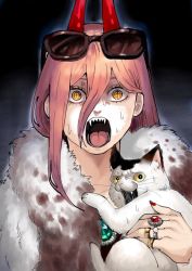 Rule 34 | 1girl, animal, cat, chainsaw man, cross-shaped pupils, fangs, fur trim, hair between eyes, highres, horns, jewelry, long hair, meowy (chainsaw man), mojiba7, nail polish, necklace, open mouth, power (chainsaw man), red nails, ring, sharp teeth, solo, sunglasses, sweat, symbol-shaped pupils, teeth, tongue