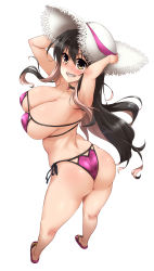 Rule 34 | 1girl, absurdres, arms behind back, ass, bad id, bad twitter id, bikini, black hair, breasts, commentary request, from behind, full body, grin, hat, highres, kantai collection, large breasts, long hair, multicolored hair, naganami (kancolle), pink bikini, pink hair, sandals, side-tie bikini bottom, simple background, smile, solo, standing, straw hat, swimsuit, two-tone hair, wavy hair, white background, white hat, yoshi tama