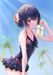 Rule 34 | 1girl, absurdres, black hair, blue sky, blush, bow, breasts, closed mouth, collarbone, day, dot nose, floral print, flower, hair between eyes, hair flower, hair ornament, highres, hoshina hoshimi, idolmaster, idolmaster shiny colors, looking at viewer, morino rinze, one-piece swimsuit, one eye closed, palm tree, red eyes, short hair, sky, small breasts, smile, solo, sunlight, swimsuit, teruterubouzu, tree