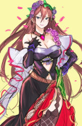 Rule 34 | 10s, 1girl, :d, amulet, bare shoulders, belt, black dress, black gloves, blue eyes, breasts, brown hair, center opening, cleavage, dress, elbow gloves, female focus, flower, garter straps, gloves, granblue fantasy, hair between eyes, hair flower, hair ornament, hand on own hip, hand on own chest, highres, jewelry, large breasts, long dress, navel, neck, necklace, open mouth, petals, rosetta (granblue fantasy), showgirl skirt, side slit, sketch, skirt, smile, solo, strapless, strapless dress, tetsu (kimuchi), thighhighs