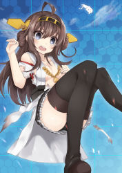Rule 34 | 10s, 1girl, bare shoulders, blush, boots, breasts, brown hair, cat, detached sleeves, double bun, hair bun, hair ornament, hairband, headgear, highres, japanese clothes, kantai collection, kongou (kancolle), kou mashiro, long hair, nontraditional miko, open mouth, personification, skirt, solo, tears, thigh boots, thighhighs, torn clothes, torn thighhighs
