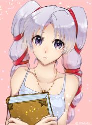 Rule 34 | 1girl, 776yuyu, blush, book, closed mouth, drill hair, fire emblem, fire emblem: genealogy of the holy war, highres, holding, holding book, jewelry, necklace, nintendo, purple eyes, purple hair, simple background, solo, tine (fire emblem), upper body