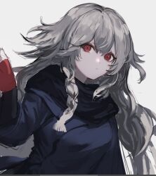 Rule 34 | 1girl, character request, grey hair, hair over shoulder, highres, irikawa, long hair, looking at viewer, red eyes, simple background, solo, standing, tagme, white background