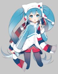 Rule 34 | 1girl, argyle, bad id, bad pixiv id, blue eyes, blue hair, buttons, cropped legs, grey background, hat, hatsune miku, highres, long hair, long sleeves, matching hair/eyes, open mouth, pantyhose, pantyhose under shorts, scarf, shorts, simple background, snowflakes, solo, striped clothes, striped pantyhose, striped scarf, twintails, uttao, vertical-striped clothes, vertical-striped pantyhose, very long hair, vocaloid, yuki miku