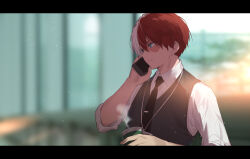 Rule 34 | 1boy, aqua eyes, black necktie, blurry, blurry background, boku no hero academia, brown eyes, burn scar, collared shirt, commentary request, gugugunogu, heterochromia, highres, holding, holding phone, lanyard, letterboxed, male focus, necktie, parted lips, phone, red hair, scar, scar on face, shirt, short hair, solo, talking on phone, tie clip, todoroki shouto, upper body, vest, white hair