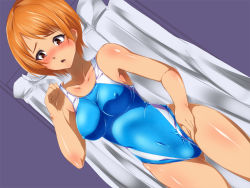 Rule 34 | 1girl, adjusting clothes, adjusting swimsuit, azu (azzz), blush, breasts, brown eyes, competition swimsuit, dutch angle, covered erect nipples, medium breasts, one-piece swimsuit, orange hair, original, short hair, shower curtain, solo, swimsuit