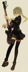 Rule 34 | 1girl, absurdres, black shirt, black skirt, black thighhighs, blonde hair, blue eyes, clock lock works (vocaloid), collared shirt, full body, grey background, guitar, hatsune miku, highres, holding, holding instrument, instrument, long hair, long sleeves, music, p (pm 611a), parted lips, playing instrument, pleated skirt, plectrum, shirt, shoes, simple background, skirt, thighhighs, twintails, vocaloid